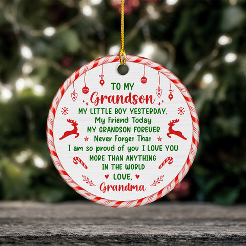 Grandsons Gifts, My Little Boy Yesterday Christmas Theme Candy Cane Circle Ceramic Ornament, Personalized Christmas Ornament, Gifts For Boys From Nana, Xmas Tree Decor
