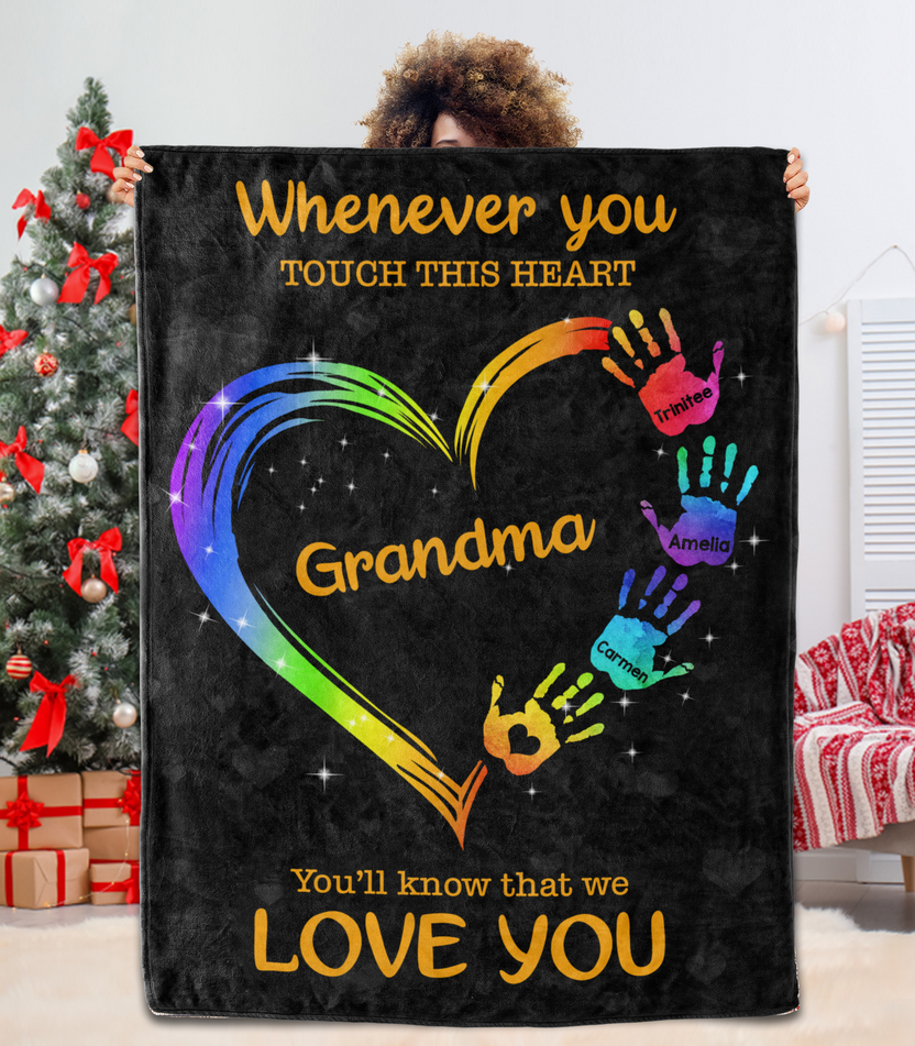 Personalized Blanket To My Mimi From Grandson Whenever You Touch This Heart You Will Know That I Love You Handprint Heart Snowflakes Gifts For Grandma Custom Grandkids Names For Christmas Xmas