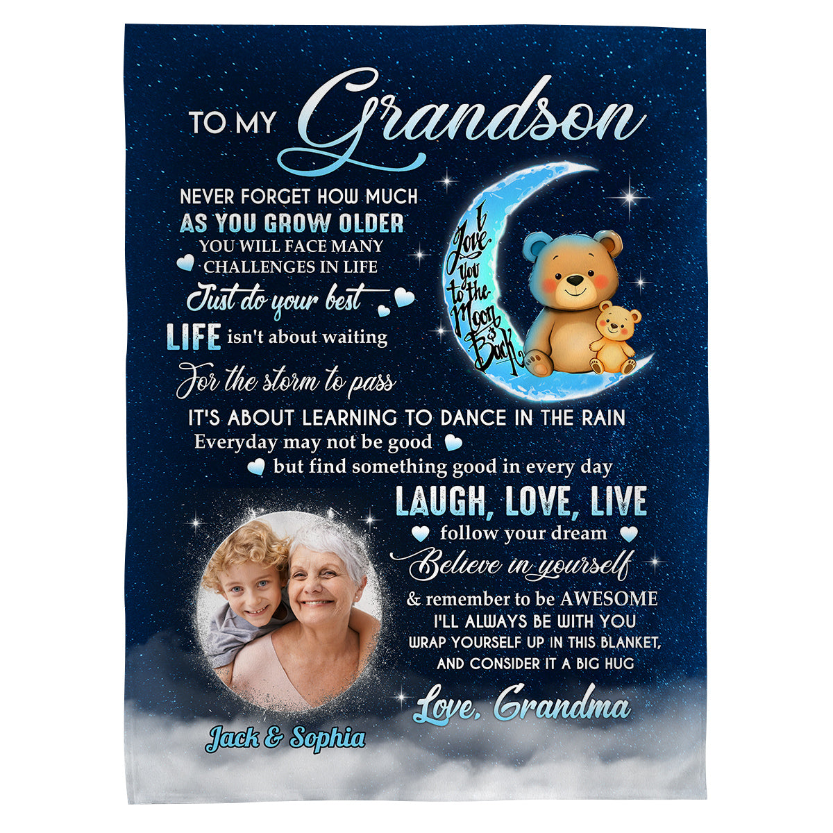 Grandsons Gifts, As You Grow Older You Will Face Many Challenges In Life Bear And Photo, Personalized Blanket, Gifts For Grandson From Grandma,Fleece Sherpa Blanket, Gifts For Christmas