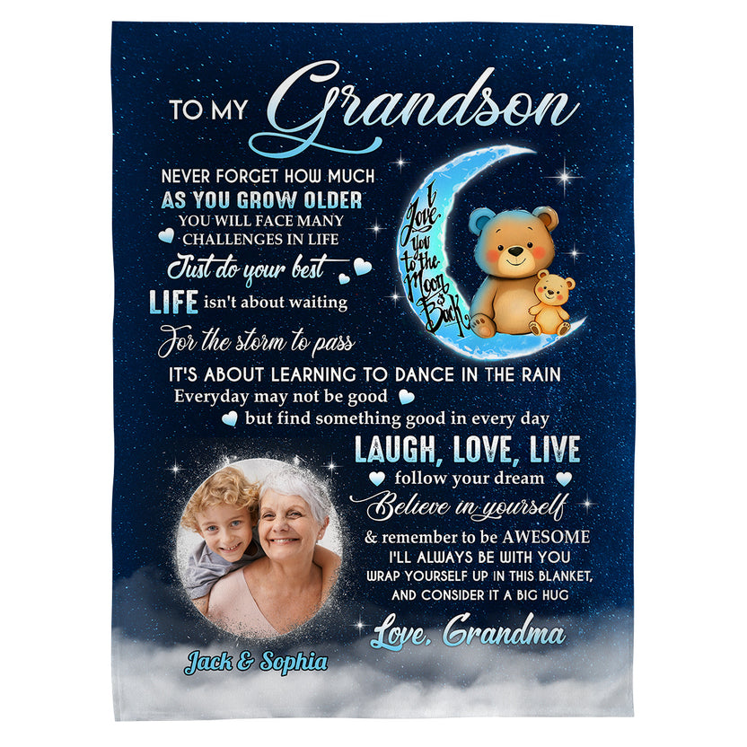 Grandsons Gifts, As You Grow Older You Will Face Many Challenges In Life Bear And Photo, Personalized Blanket, Gifts For Grandson From Grandma,Fleece Sherpa Blanket, Gifts For Christmas