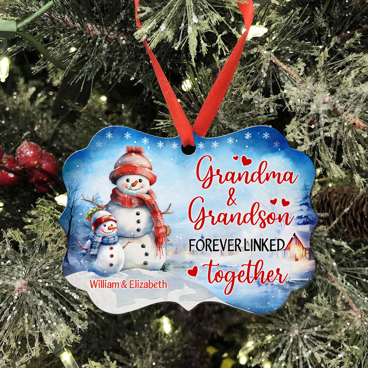 Grandma Gifts, Cute Xmas Winter Grandma & Grandson Forever Linked Together, Personalized Ornament, Gifts From Grandchildren