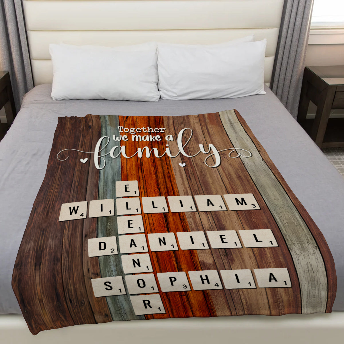 Together We Make A Family Theme,Cozy Family Blanket With Personalized Names, Rustic Finish, Crossword Inspired Name Arrangement, Personalized Blanket, Gifts For Mom Dad From Kids