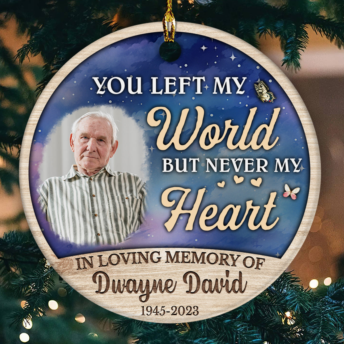 Bereavement Gifts, Personalized Photo Memorial Ornament, You Left World But Never My Heart Wooden Background, Gifts For Loss Of Loss Of Loved, Xmas Tree Decoration, Memorial Keepsake