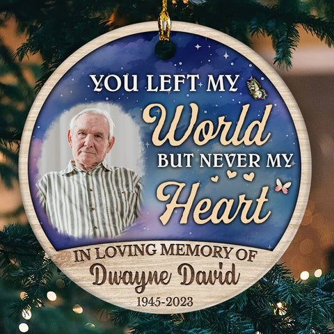 Bereavement Gifts, Personalized Photo Memorial Ornament, You Left World But Never My Heart Wooden Background, Gifts For Loss Of Loss Of Loved, Xmas Tree Decoration, Memorial Keepsake