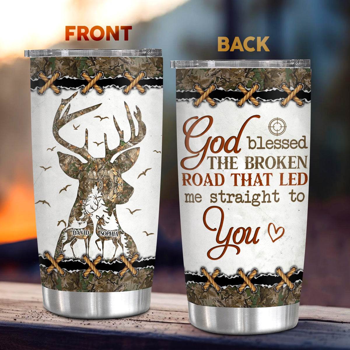 Personalized Tumbler For Boy/ Girlfriend From Honey God Blessed Broken Road That Led Me Straight To U Deer Hunting Camo Custom Name Hunting Gifts 20oz With Lid Travel Cup For Birthday