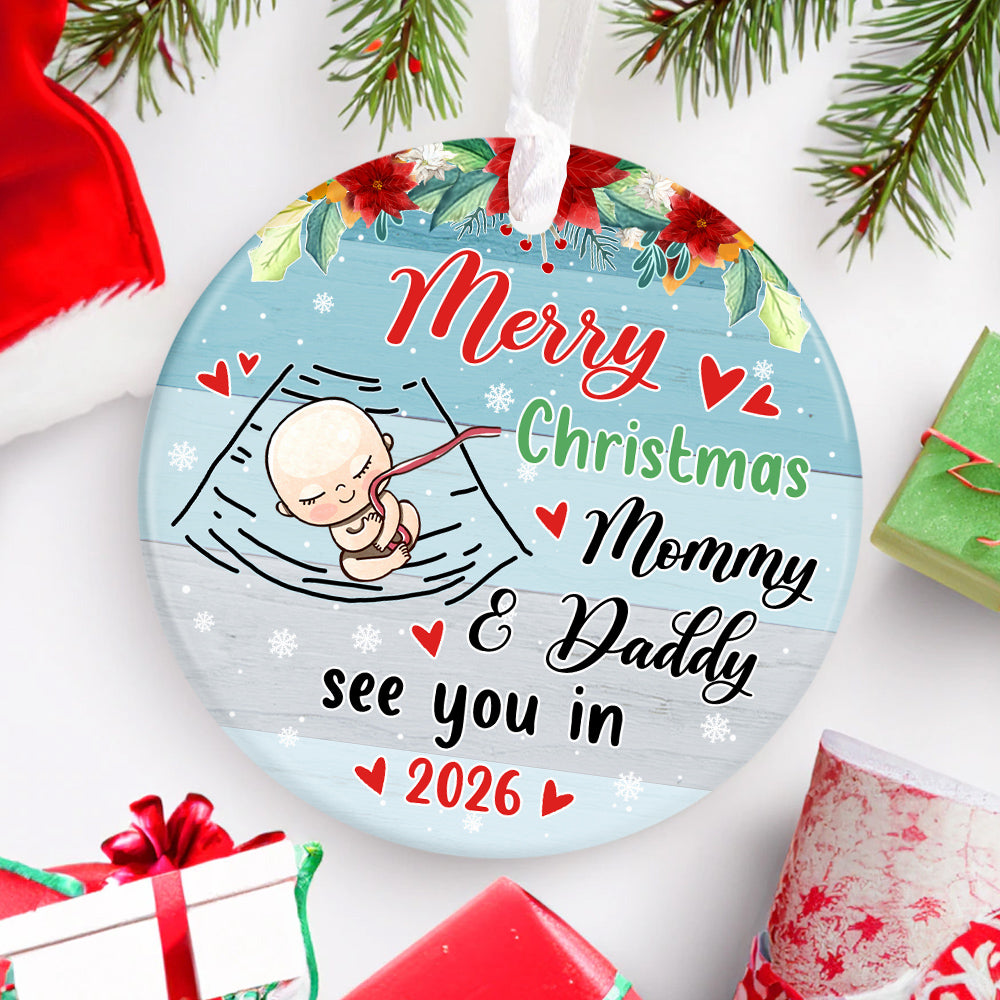 Mom To Be Gifts, Merry Christmas As Mommy & Daddy Sleeping Baby Bump, Custom Baby Announcement Circle Ornament, Holiday Decor, Maternity Circle Ornament Gifts For New Mommy