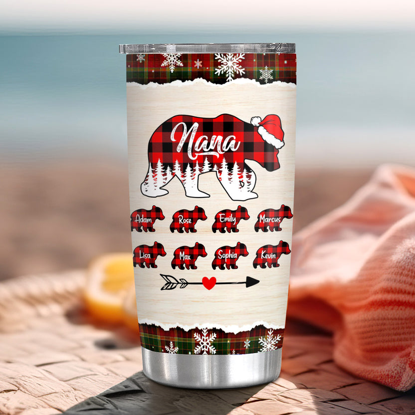 Nana Bear Travel Tumbler, Personalised Christmas Santa Hat Name Cup, Custom Grandkids Drinkware Cup, Cute Red Buffalo Plaid Family Name Travel, Personalized Tumbler, Gifts For Nana