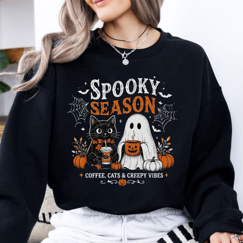 Spooky Season Coffee Cats & Creepy Vibes Shirt, Cute Black Cat Ghost Halloween Tee , Unisex Regular Fit Crewneck Tee, Casual Clothing