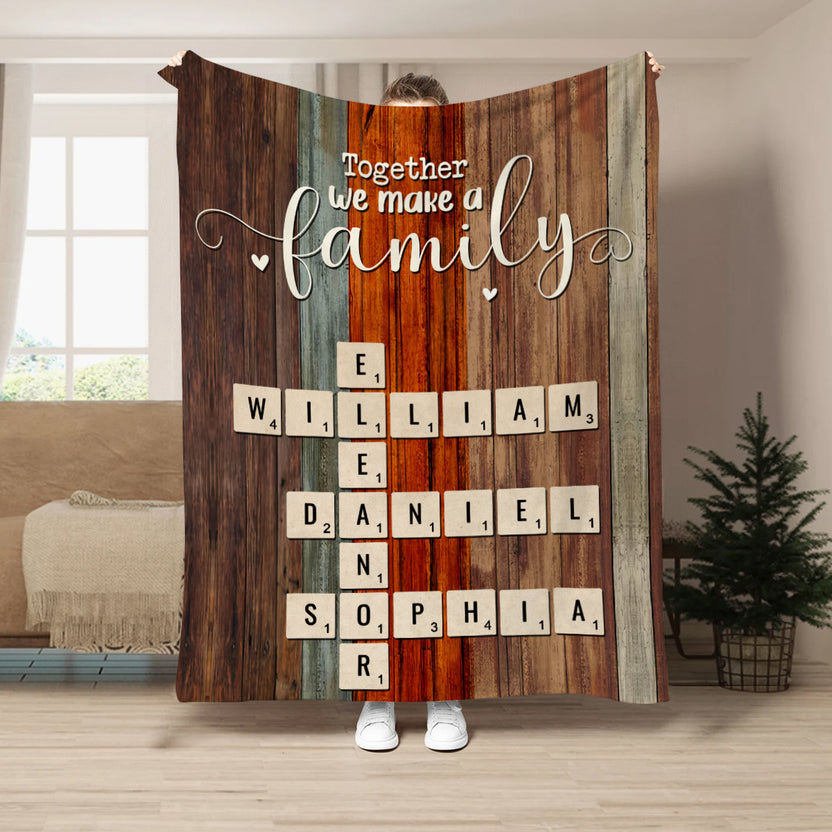 Together We Make A Family Theme,Cozy Family Blanket With Personalized Names, Rustic Finish, Crossword Inspired Name Arrangement, Personalized Blanket, Gifts For Mom Dad From Kids