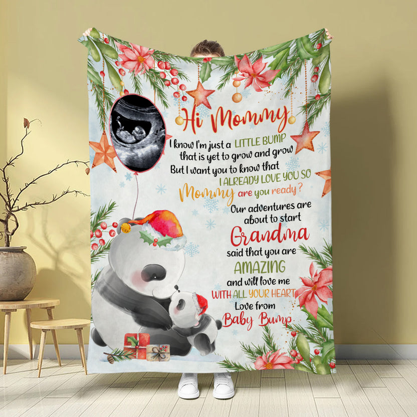 Personalized Panda Christmas Baby Blanket, Custom Photo Ultrasound Baby Bump Gifts For New Mom New Dad Wife, Christmas Fleece Sherpa Blanket Expecting Parents Gifts For Mom To Be,