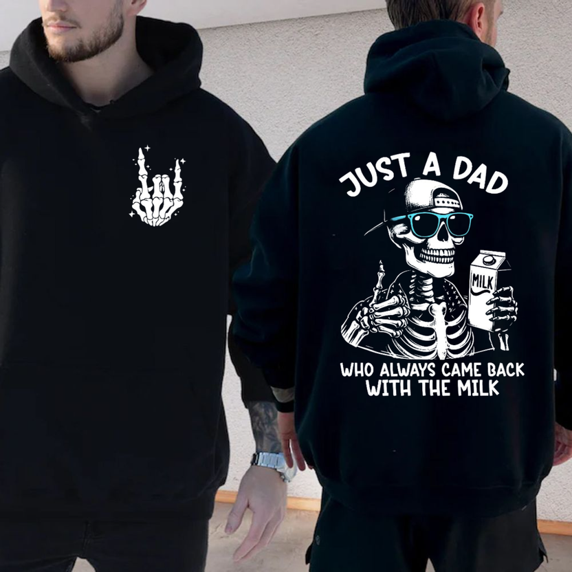 Just A Dad Who Always Came Back With The Milk 2 Sides T Shirt, Funny Skeleton Dad Graphic Tee For Men, Sarcastic Dad Humor Shirt, Dad Joke Shirt, Father’S Day Gift For Dad, Cool Dad Apparel, Unisex Regular Fit Crewneck Tee, Classic Streetwear