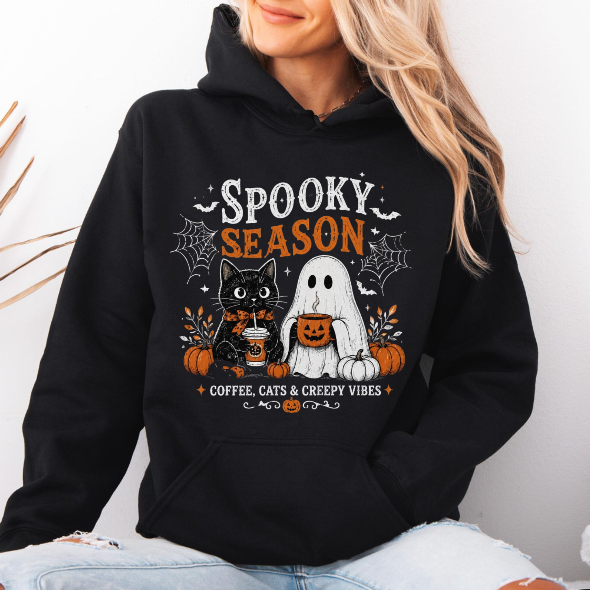 Spooky Season Coffee Cats & Creepy Vibes Shirt, Cute Black Cat Ghost Halloween Tee , Unisex Regular Fit Crewneck Tee, Casual Clothing