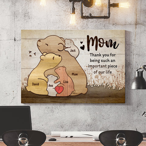 Gifts For Mom, Thanks For Being Such An Piece Of Our Life Mommy Kids Bear Wooden Pieces Canvas Wall Art, Gifts From Daughter Son, Poster Prints Wall Decor, Gifts For Mothers Day Xmas