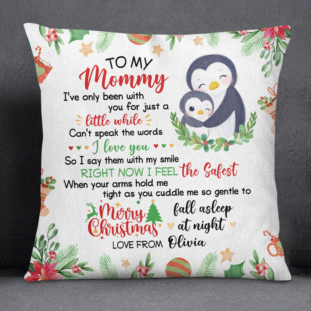 Personalized Square Pillow For New Mom From Family Pregnancy Gifts Penguin Hugging Baby I've Only Been With You Christmas Decor Custom Name Double Sided Sofa Couch Cushion On Christmas