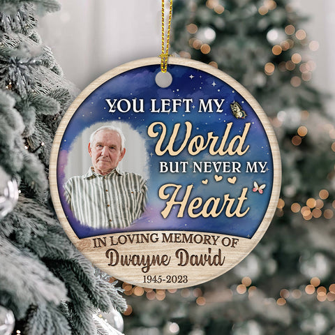 Bereavement Gifts, Personalized Photo Memorial Ornament, You Left World But Never My Heart Wooden Background, Gifts For Loss Of Loss Of Loved, Xmas Tree Decoration, Memorial Keepsake