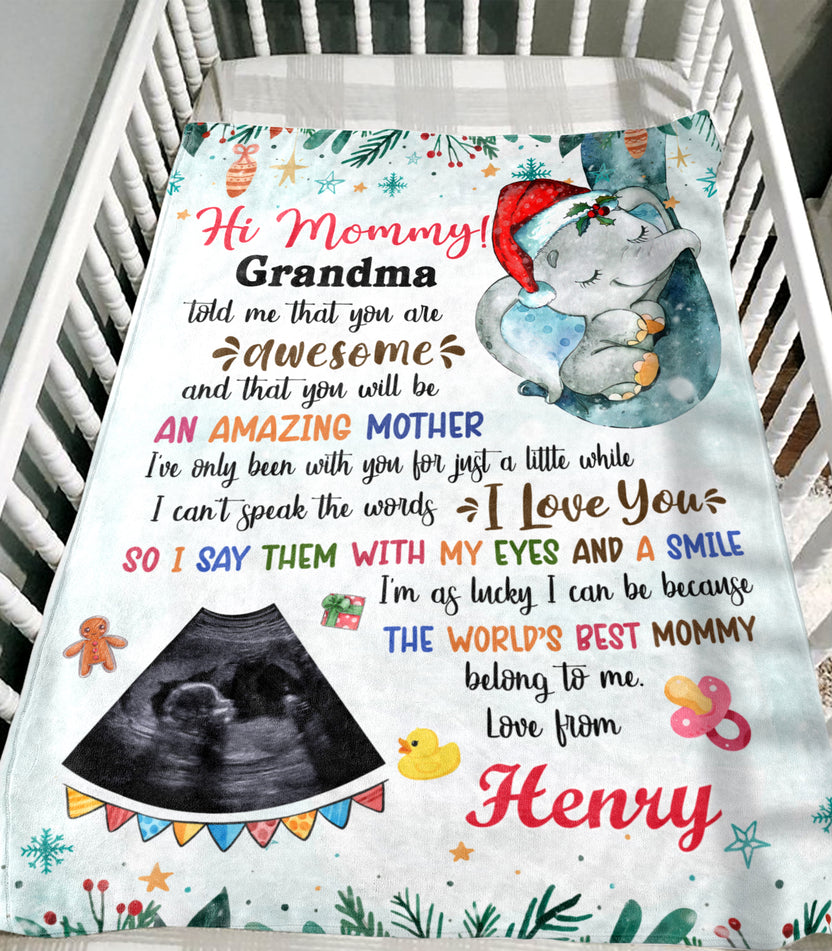 Personalized Animal Blanket For Mom From Baby Girl Pregnancy Ultrasound Cute Blue Elephant I Love You Custom Name Photo Gifts For Christmas Fleece Sherpa Blanket For 1St Christmas Xmas