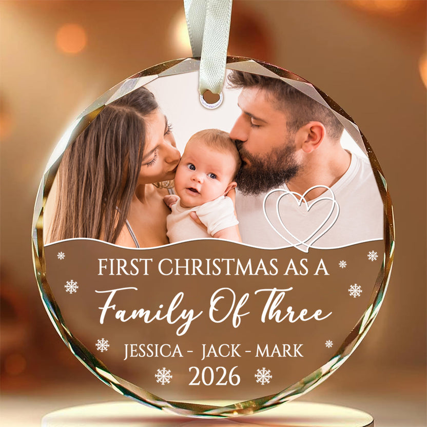 Custom Holiday Glass Ornament, First Christmas As A Family Of Three, Personalized Family Keepsake, Custom Holiday Tree Decor, Tree Hanging Ornament, Gifts For New Siblings