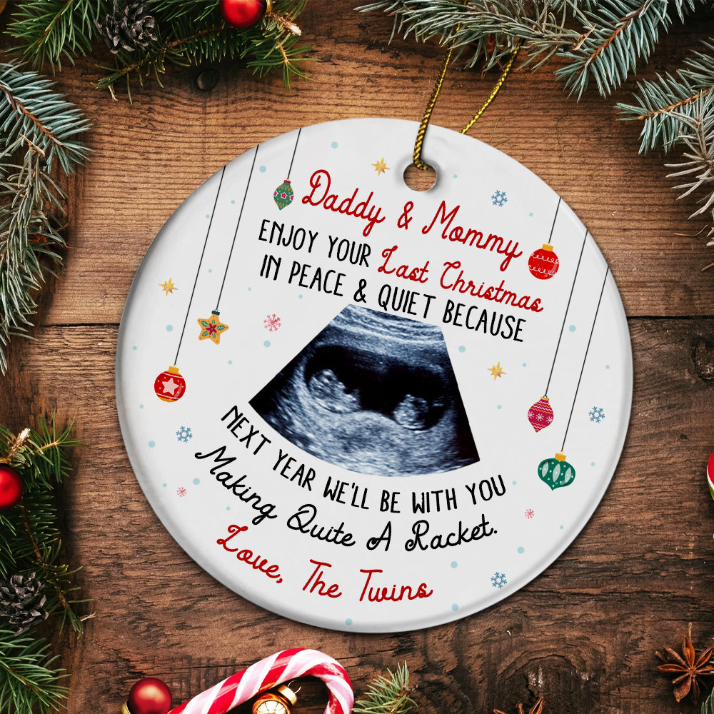 Daddy & Mommy Twins Ultrasound Ornament, Last Peaceful Christmas, Pregnancy Reveal Xmas Gift, Custom Sonogram Expecting Parents Keepsake