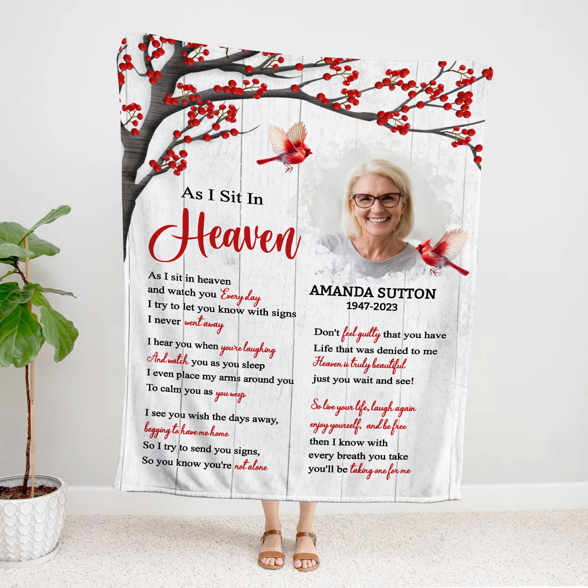 Sympathy Gifts, Memorial Blanket With Photo, Sympathy Memorial, Heaven Watching Over Family Verse, Heaven Message With Red Birds, Loss Of Mom Dad Blanket, Fleece Sherpa, Funeral Gifts