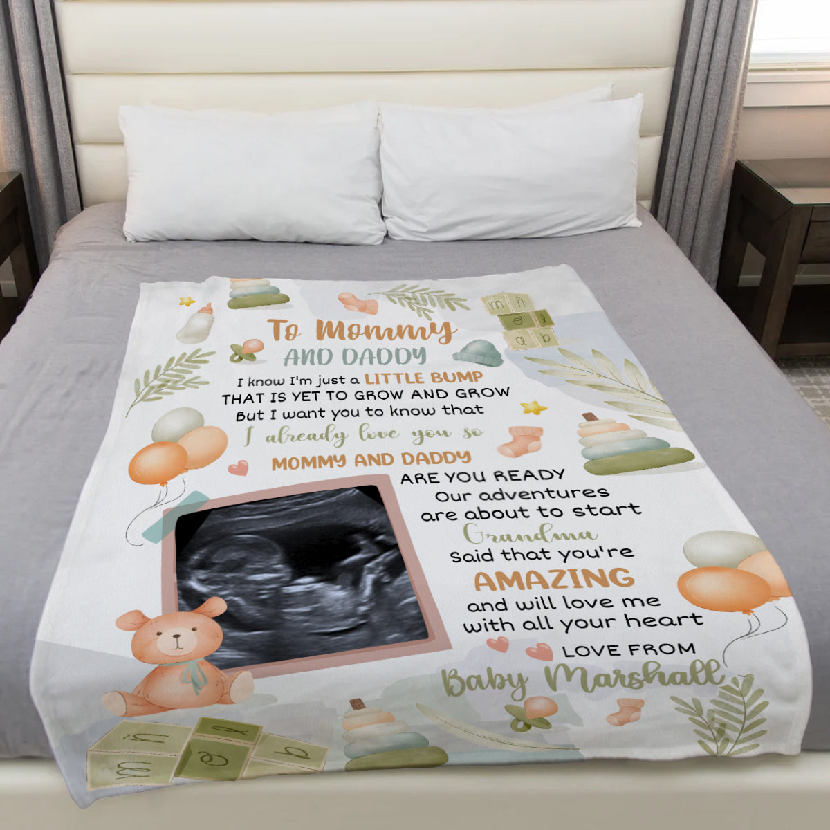 Cute Baby Bear Hi Mommy And Daddy Blanket Custom Ultrasound Picture For Mom To Be New Dad From Baby Bump  Gifts For New Mommy, Fleece Sherpa Blanket Expecting Mothers