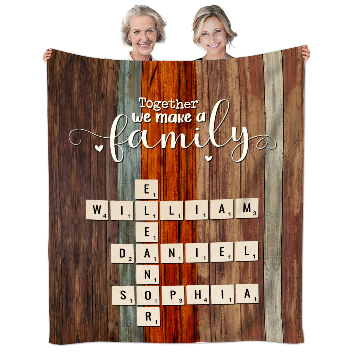 Together We Make A Family Theme,Cozy Family Blanket With Personalized Names, Rustic Finish, Crossword Inspired Name Arrangement, Personalized Blanket, Gifts For Mom Dad From Kids