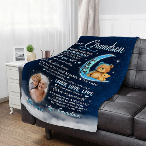 Grandsons Gifts, As You Grow Older You Will Face Many Challenges In Life Bear And Photo, Personalized Blanket, Gifts For Grandson From Grandma,Fleece Sherpa Blanket, Gifts For Christmas