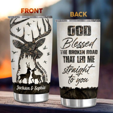 God Blessed Broken Road That Led Me Straight To U, Hunting Partner For Life Buck And Doe Camo Pattern, Personalized Tumbler, Gifts For Him Her Honey, Custom 20oz With Lid Travel Cup