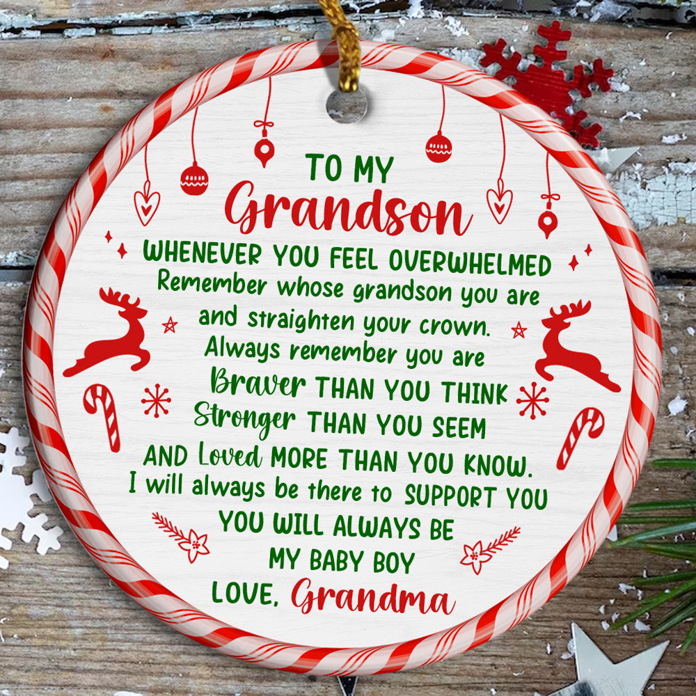 Grandsons Gifts, Remember Whose Grandson You Are Christmas Candy Cane Theme Circle Ceramic Ornament, Personalized Christmas Ornament, Gifts For Boys From Nana, Xmas Tree Decor