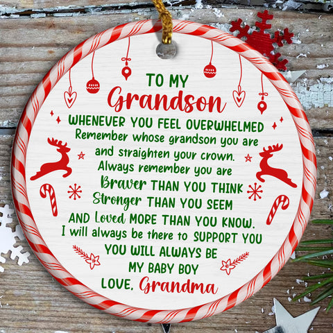 Grandsons Gifts, Remember Whose Grandson You Are Christmas Candy Cane Theme Circle Ceramic Ornament, Personalized Christmas Ornament, Gifts For Boys From Nana, Xmas Tree Decor