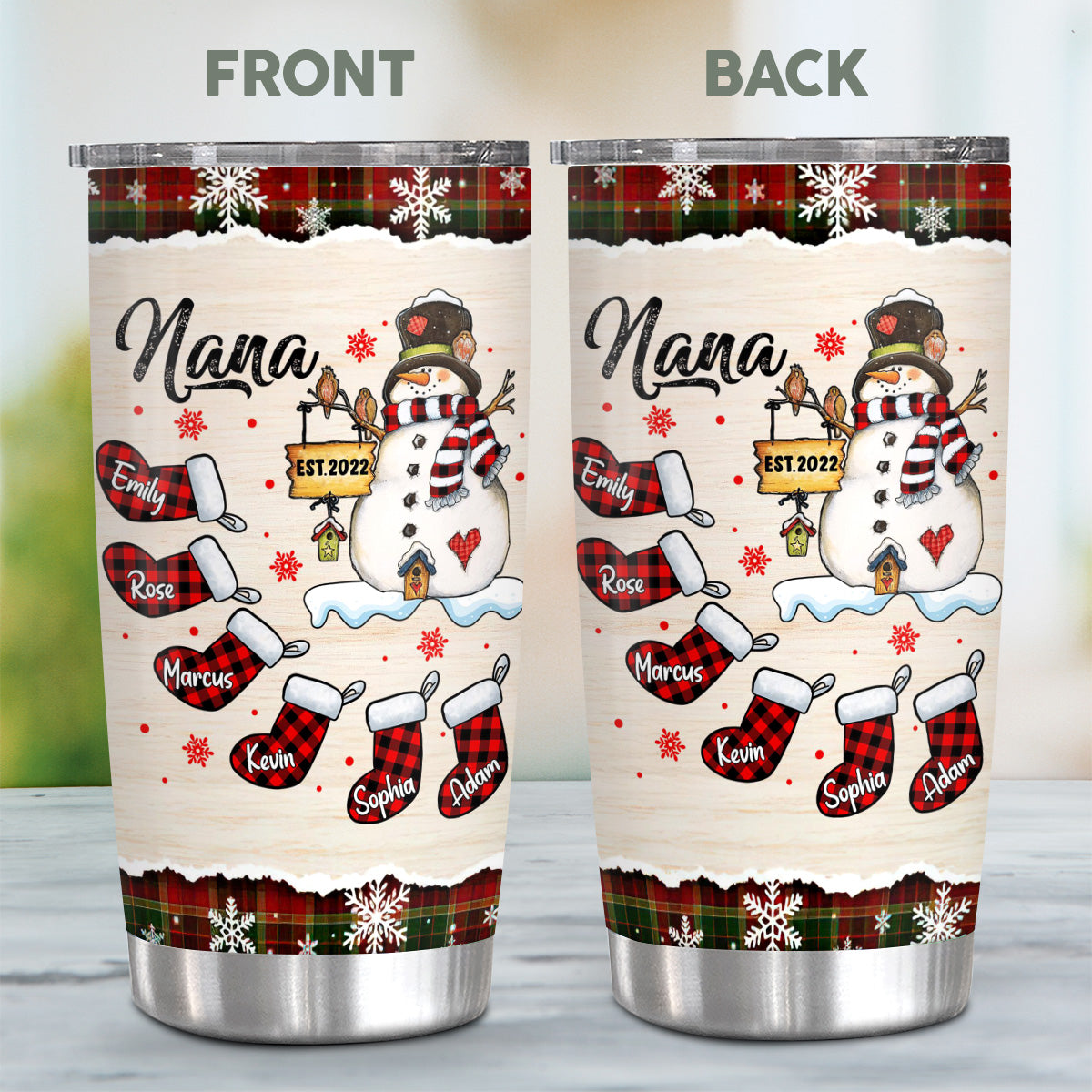 Grandma Gifts, Nana Established Name Tumbler, Personalized Christmas Family Cup, Plaid Stockings Drinkware, Christmas Tumbler, Checkered Stockings Family Names, Personalized Tumbler, Gifts For Nana From Grandkids, 20oz With Lid Travel Cup, Gifts For Mothe