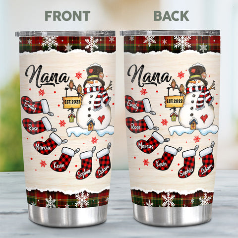 Grandma Gifts, Nana Established Name Tumbler, Personalized Christmas Family Cup, Plaid Stockings Drinkware, Christmas Tumbler, Checkered Stockings Family Names, Personalized Tumbler, Gifts For Nana From Grandkids, 20oz With Lid Travel Cup, Gifts For Mothe