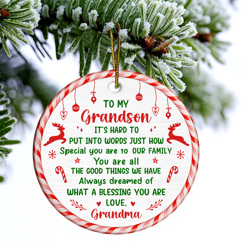 Grandsons Gifts, It's Hard To Put Into Words Christmas Theme Candy Cane Circle Ceramic Ornament, Personalized Christmas Ornament, Gifts For Boys From Nana, Xmas Tree Decor