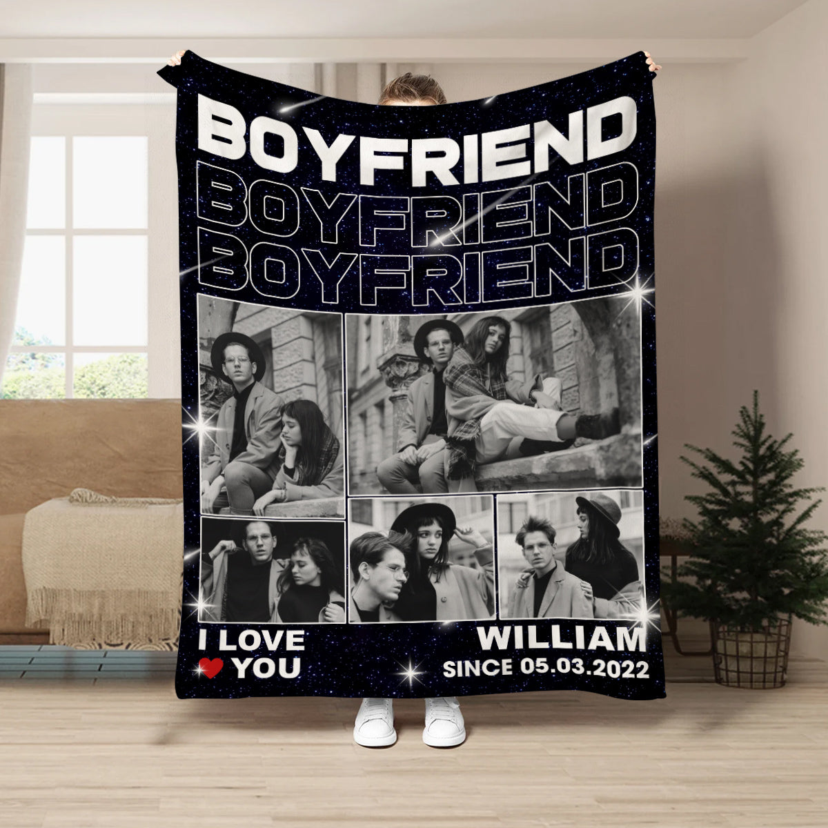 Gifts For Couple, Boyfriend Photo Collage Blanket, Personalized Name And Year, Black With Multiple Photos Gifts For Him Her Fleece Sherpa Blanket Valentine Anniversary