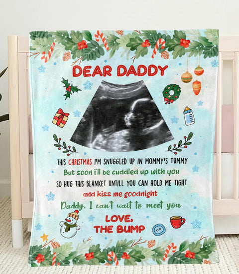 Personalized Sonogram Blanket For Dad To Be From Baby Bump I Can't Wait To Meet You Ultrasound Announcement Custom Name Photo Gifts For Christmas Fleece Sherpa Blanket For 1St Christmas