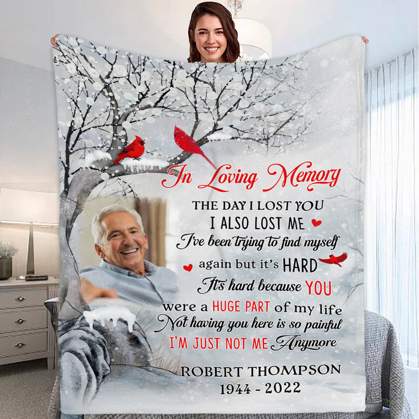Sympathy Gifts, Personalized Memorial Blanket With Photo, In Loving Memory Tree Red Birds I Lost You I've Been Trying To Find Myself, Loss Of Dad Grandpa Blanket, Fleece Sherpa, Funeral