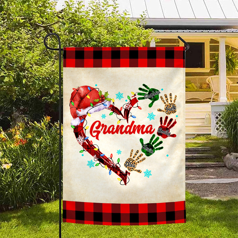 Grandma Handprint Christmas Garden Flag, Personalized Grandkids Outdoor Banner, Red Plaid Heart Yard Decor, Holiday Season Apparel, Personalized Garden Flag, Gifts For Nana From Kids