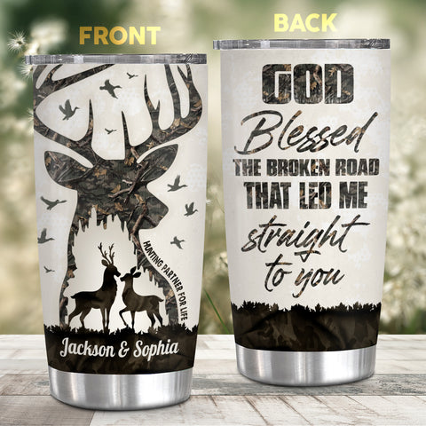 God Blessed Broken Road That Led Me Straight To U, Hunting Partner For Life Buck And Doe Camo Pattern, Personalized Tumbler, Gifts For Him Her Honey, Custom 20oz With Lid Travel Cup