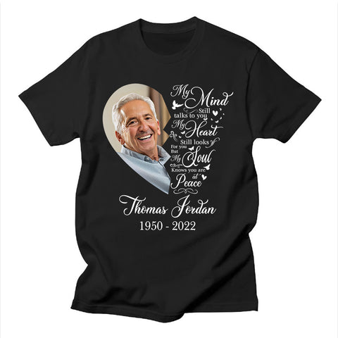 Personalized Memorial T-Shirt For Loved One In Heaven My Soul Knows You Are At Peace Broken Heart Custom Name Photo Sympathy Gifts Short Sleeve Tops Tee Shirt Memory Gifts For Anniversary
