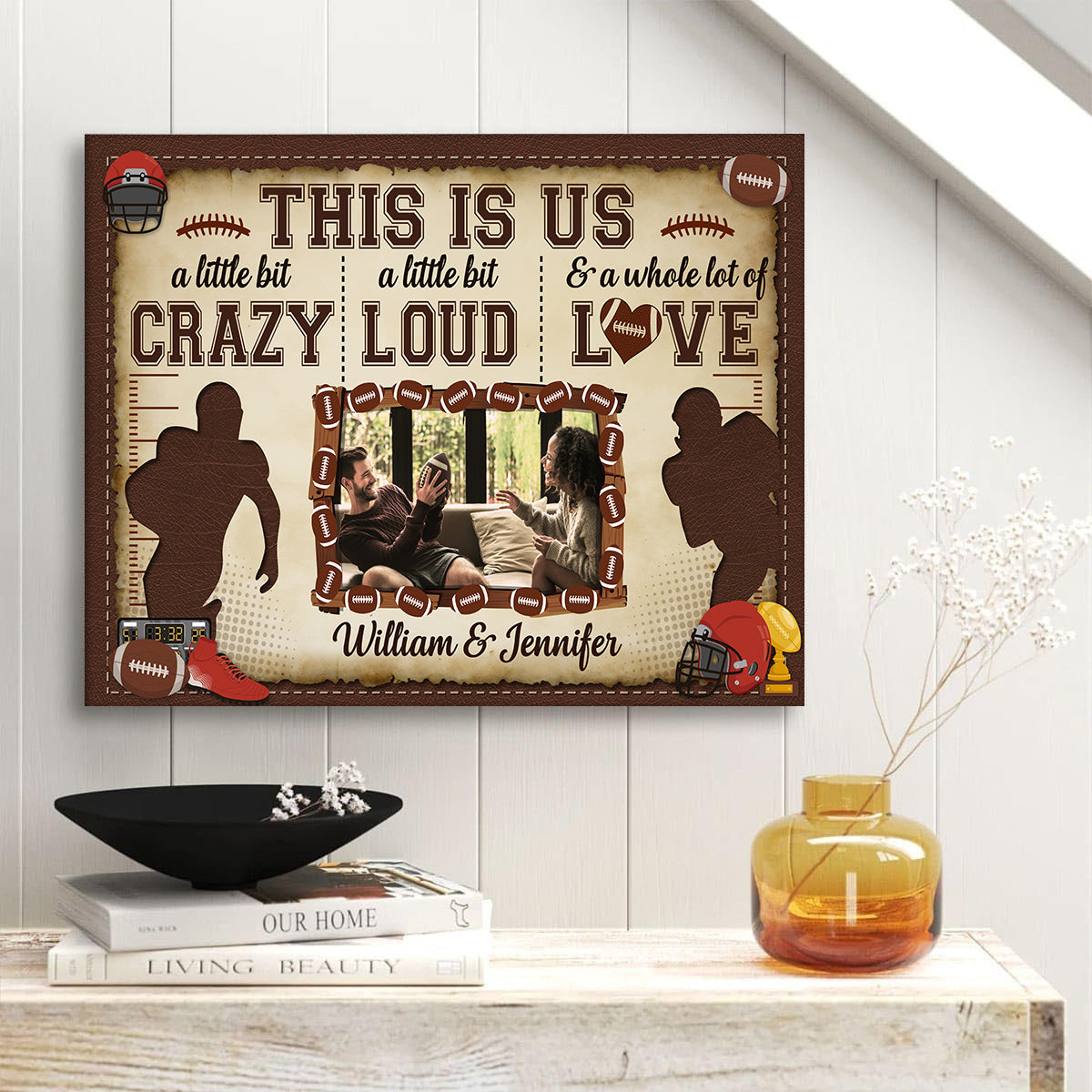 Personalized Name Football Canvas Artwork, A Little Bit Loud & A Whole Lot Of Love Phrase, Sports Couple Theme Decor, Personalized Canvas Wall Art, Gifts For Him Her Honey Poster