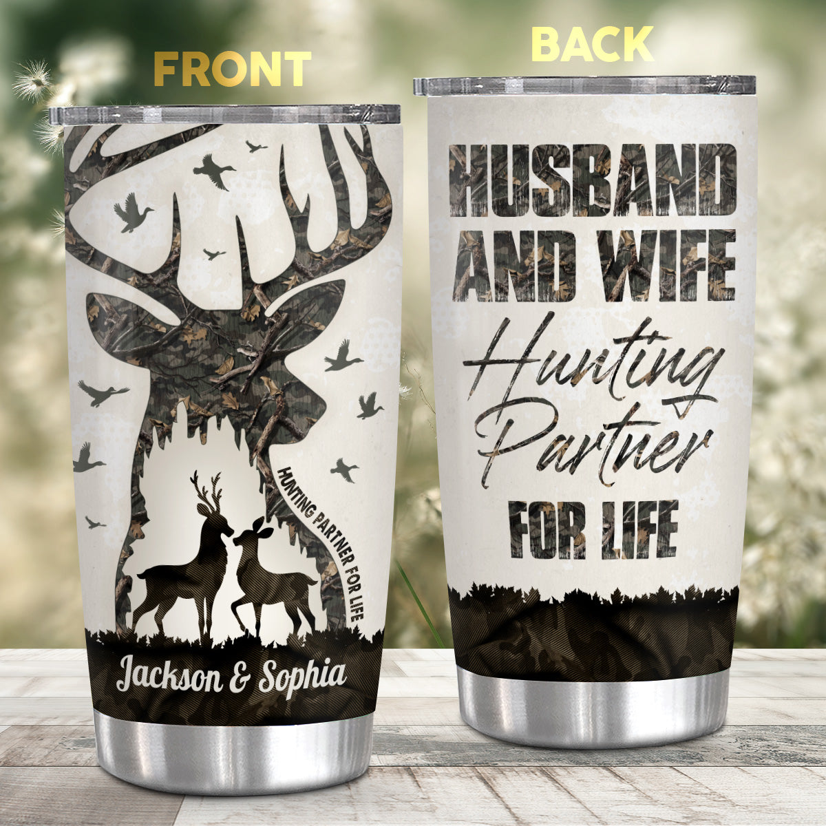 Buck And Doe Camo Pattern Deer Hunting Couple Husband And Wife Hunting Partner For Life, Personalized Tumbler, Gifts For Him Her, Custom 20oz With Lid Travel Cup, Gifts To Valentine