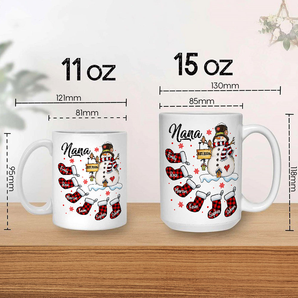 Grandma Gifts, Custom Nana Est Year Mug, Buffalo Plaid Christmas Stocking Cup, Personalized Grandchild Name Drinkware, Holiday Family Drinkware, Festive Drinkware, Personalized Coffee Mug, Gifts For Nana From Grandkids, Novelty Ceramic Cup 11 15oz, Gifts