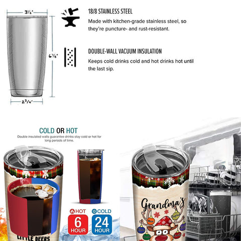 Grandmas Little Deers Custom Tumbler, Personalized Christmas Reindeer Ornament Travel Cup, Insulated Cup, Cute Festive Reindeer Name Travel Tumbler,  Gifts For Nana From Grandkids, 20oz