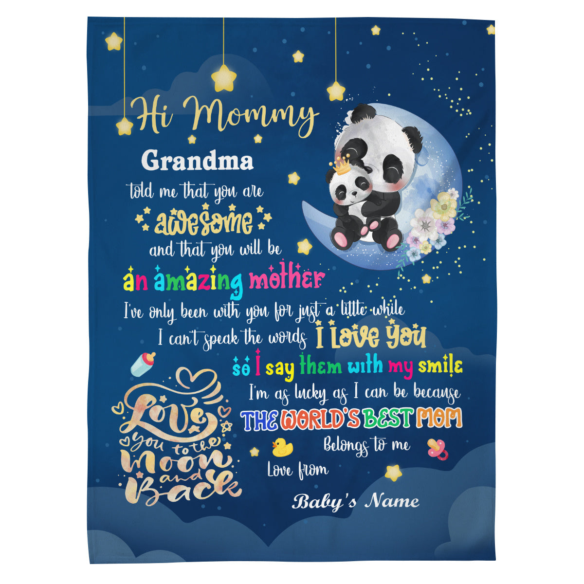 Mom To Be Gifts, Hi Mommy Grandma Told Me That Panda, 1st Mother's Day Blanket, Cute Baby Panda Blanket, Custom Newborn Swaddle, Infant Bedding Keepsake, Warm Flannel