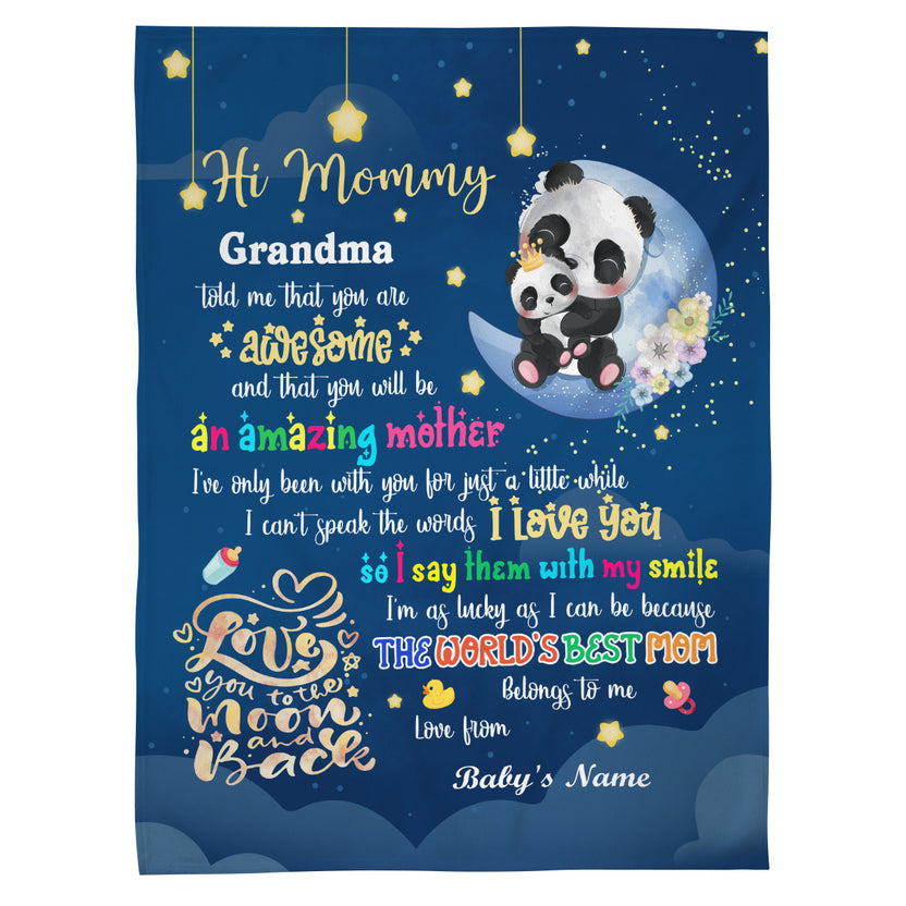 Mom To Be Gifts, Hi Mommy Grandma Told Me That Panda, 1st Mother's Day Blanket, Cute Baby Panda Blanket, Custom Newborn Swaddle, Infant Bedding Keepsake, Warm Flannel