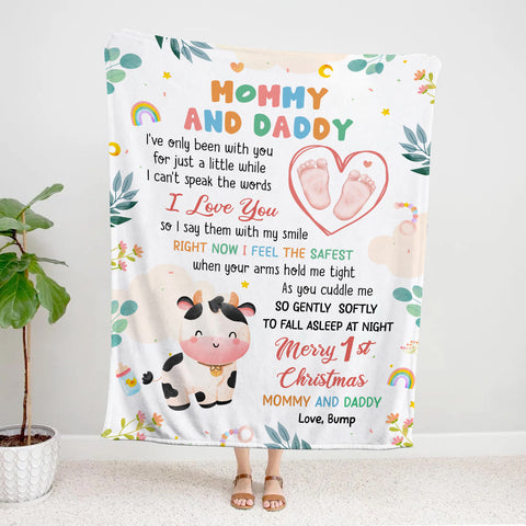 Merry 1st Christmas Mommy Daddy I've Only Been With You A While Footprint Baby Cow, Personalized Blanket, Gifts For New Parents, Fleece Sherpa Blanket, New Parents For Xmas Christmas