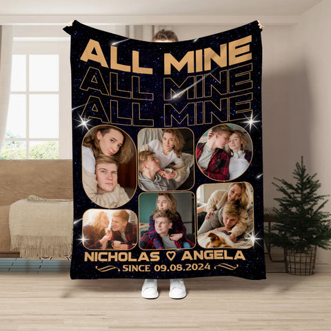All Mine Photo Collage Blanket, Personalized Name And Year, Black With Multiple Couple Photos Gifts For Him Her Custom Fleece Sherpa Blanket, Gifts For Valentine Anniversary