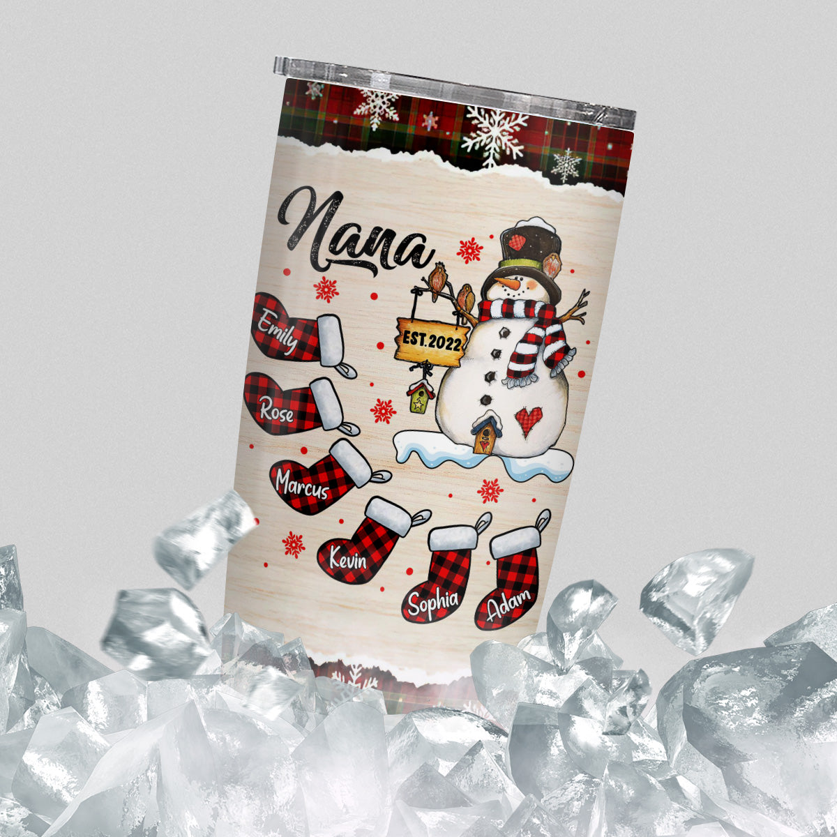 Grandma Gifts, Nana Established Name Tumbler, Personalized Christmas Family Cup, Plaid Stockings Drinkware, Christmas Tumbler, Checkered Stockings Family Names, Personalized Tumbler, Gifts For Nana From Grandkids, 20oz With Lid Travel Cup, Gifts For Mothe