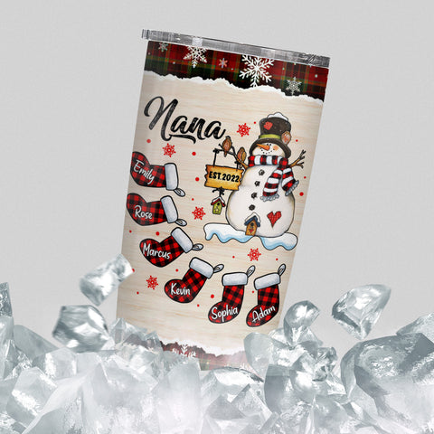 Grandma Gifts, Nana Established Name Tumbler, Personalized Christmas Family Cup, Plaid Stockings Drinkware, Christmas Tumbler, Checkered Stockings Family Names, Personalized Tumbler, Gifts For Nana From Grandkids, 20oz With Lid Travel Cup, Gifts For Mothe