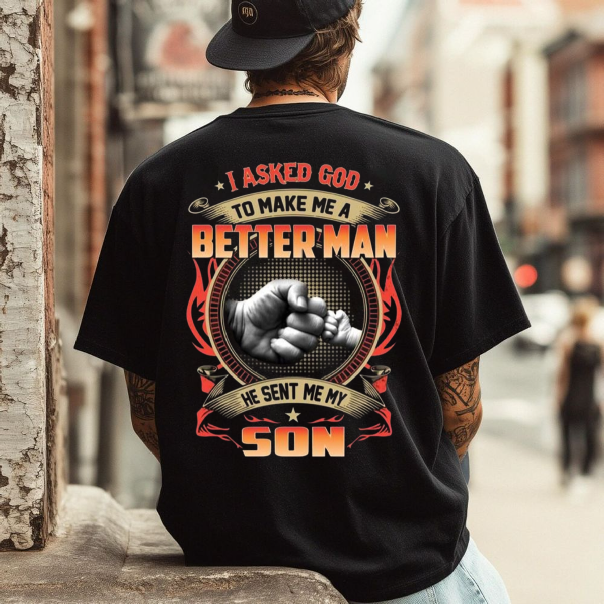 I Asked God To Make Me A Better Man He Sent Me My Son Shirt Back Print, Fist Bump Dad T Shirt, Boy Dad Tee, Fathers Day Gift For Men, Husband Top, Unisex Regular Fit Crewneck Tee, Casual Clothing