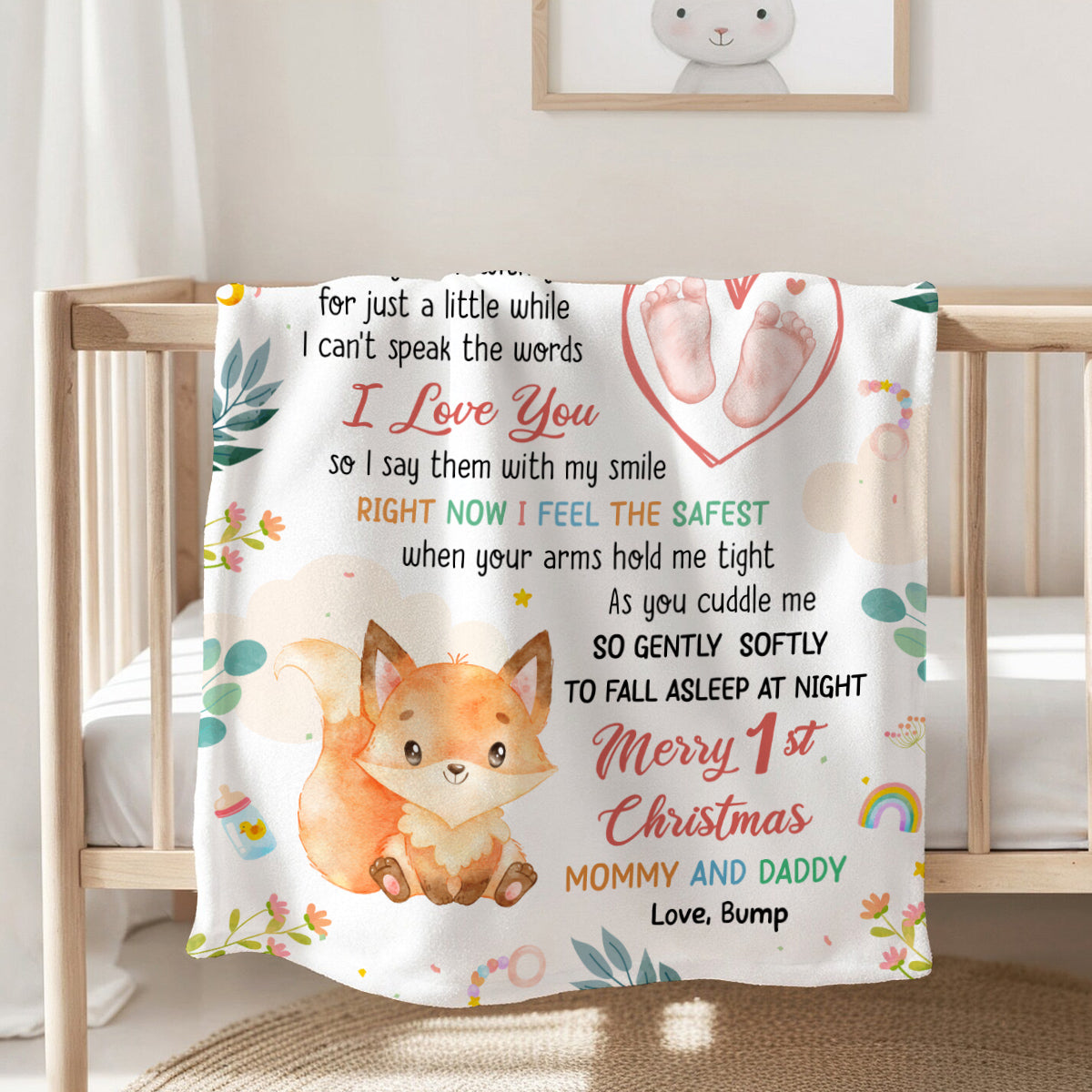 Merry 1st Christmas Mommy Daddy I've Only Been With You A While Footprint Baby Fox, Personalized Blanket, Gifts For New Parents, Fleece Sherpa Blanket, New Parents, Gifts For Xmas